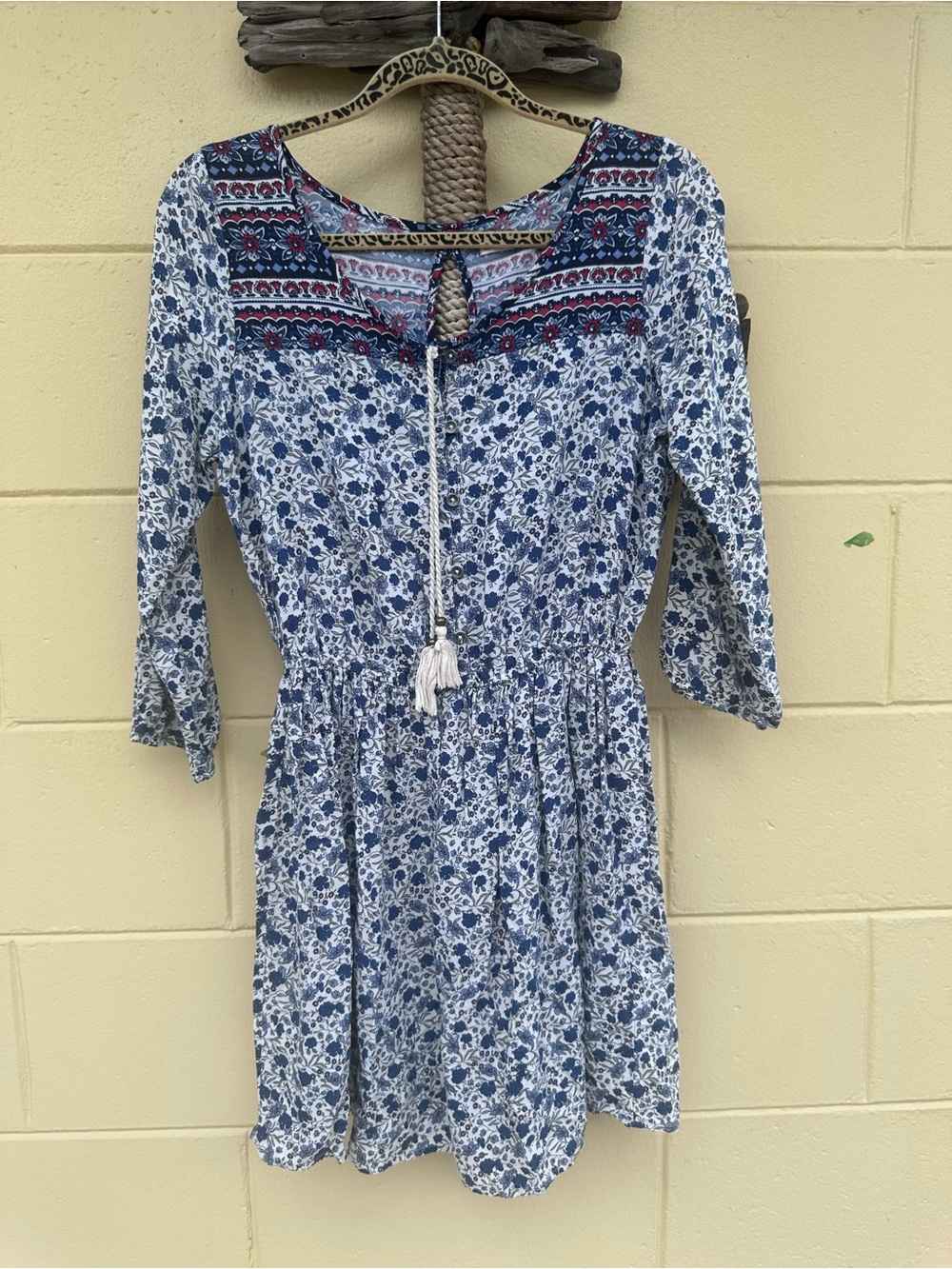 Hollister Blue and White Floral Tassel Peasant Mini Dress M
